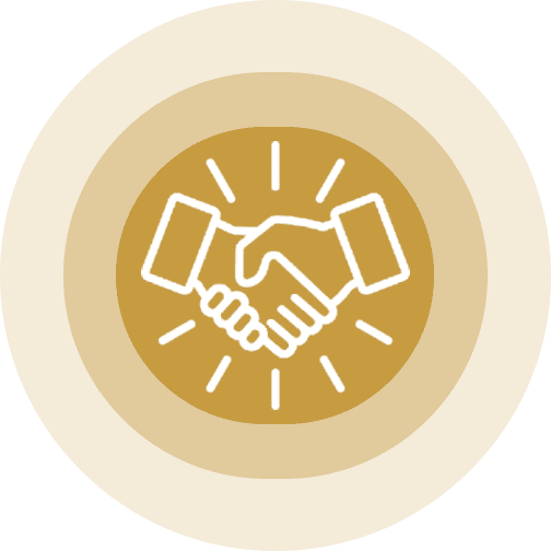 White handshake icon on mustard background symbolizing agreement.