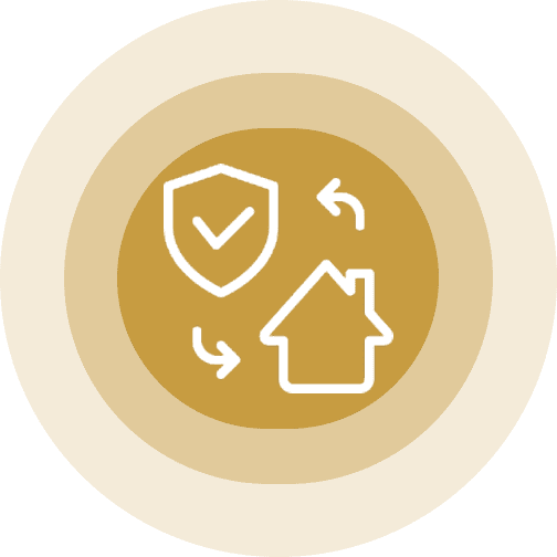 Icon showing a shield with a checkmark and a house with arrows indicating protection and exchange.