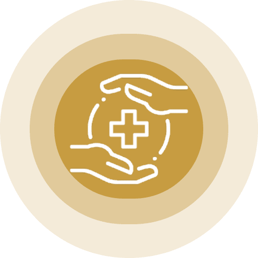 Two hands protect a shield with a medical cross on a gold background.