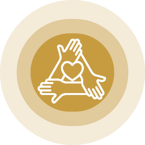 Three hands forming a triangle with a heart in the center on a brown background.