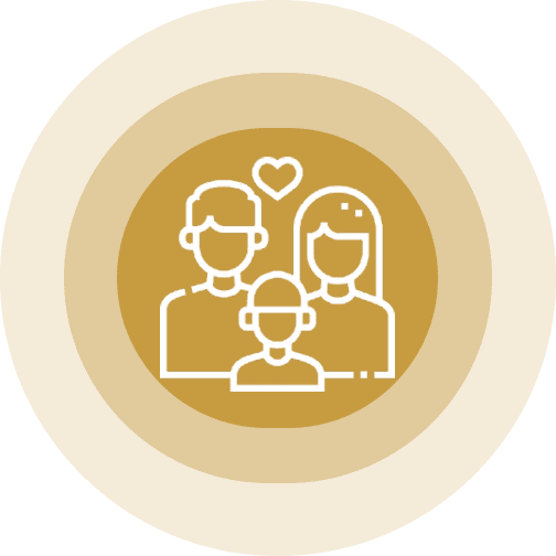 White line art of a family with two parents and one child on a mustard background.