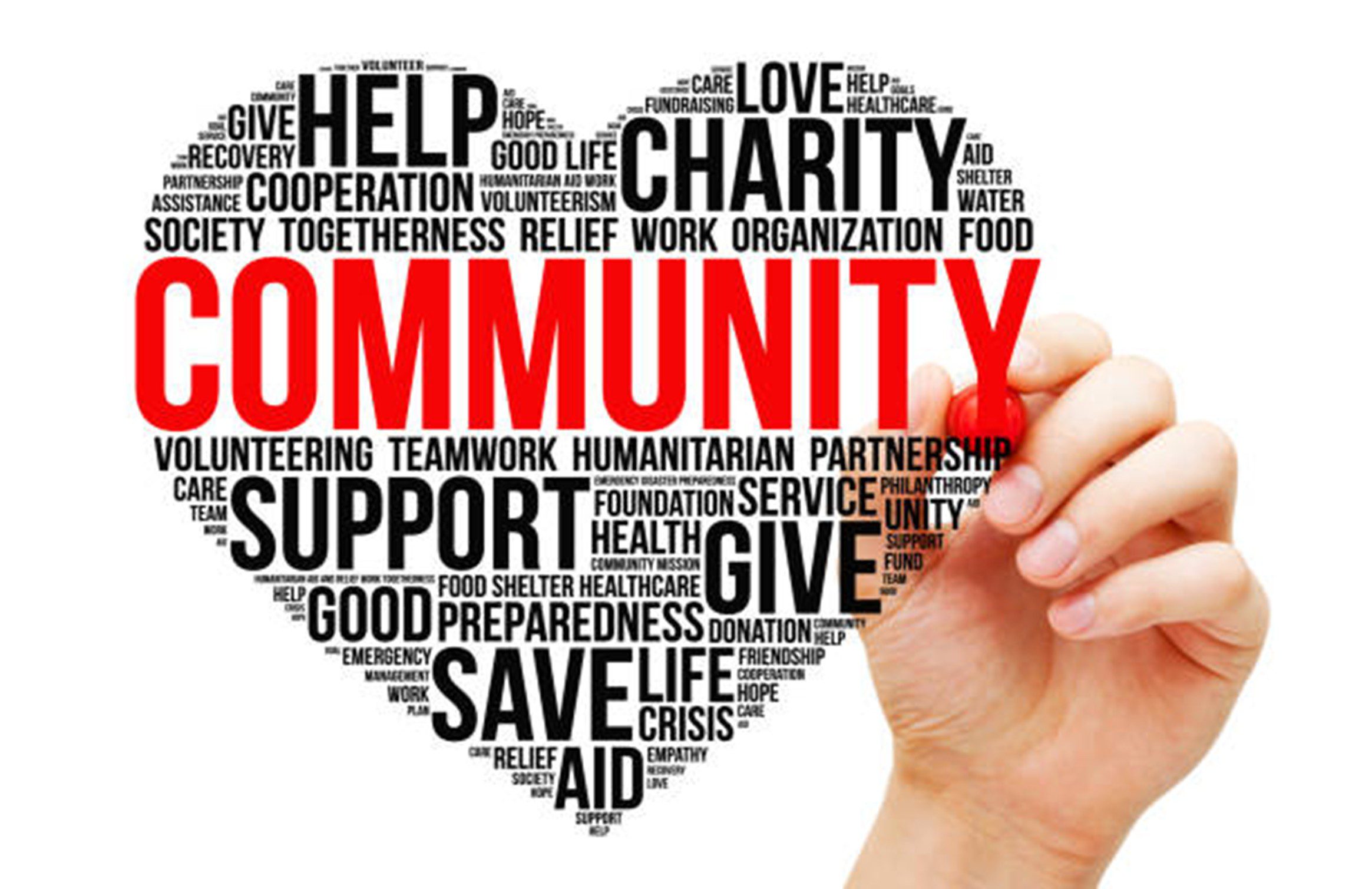Word cloud highlighting community and charity concepts.