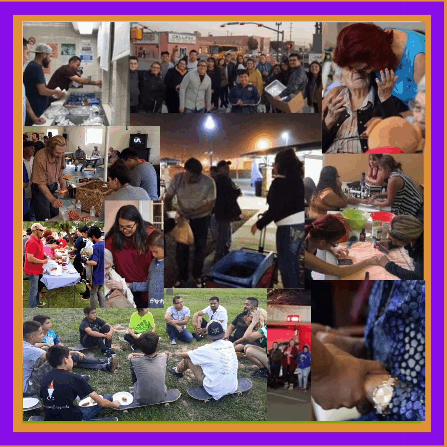 Community gathering with diverse activities and group discussions outdoors and indoors.