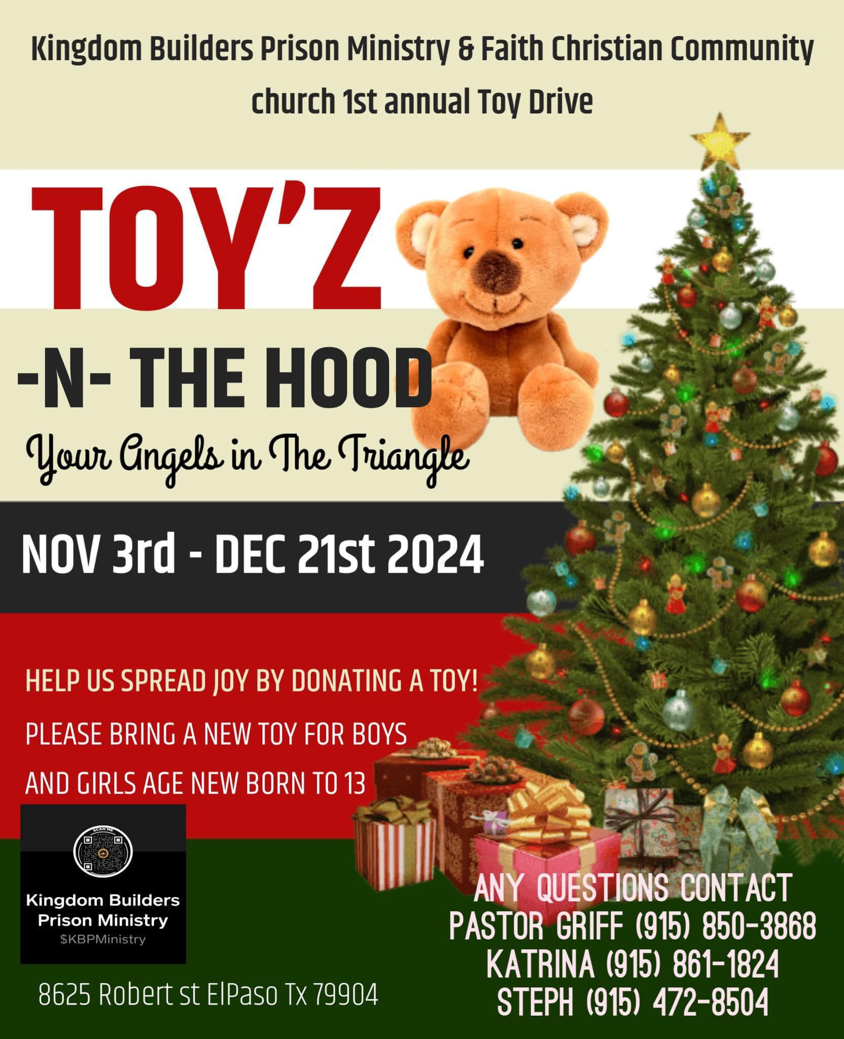 A charity drive poster encouraging toy donations for girls and boys from Nov 3 to Dec 21, 2024.